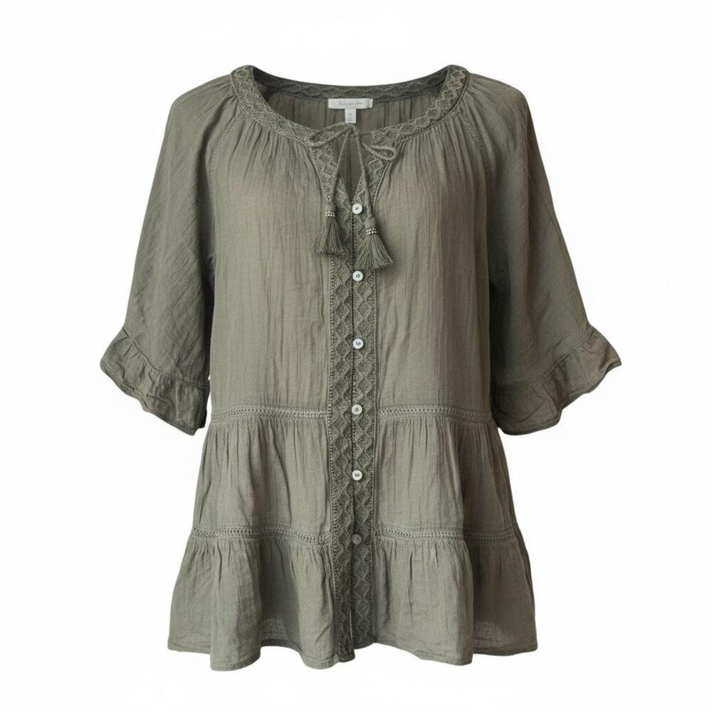 J.Jill Large Tiered Gauzy Boho Ruffled Tassel Olive Green Embroidered Blouse